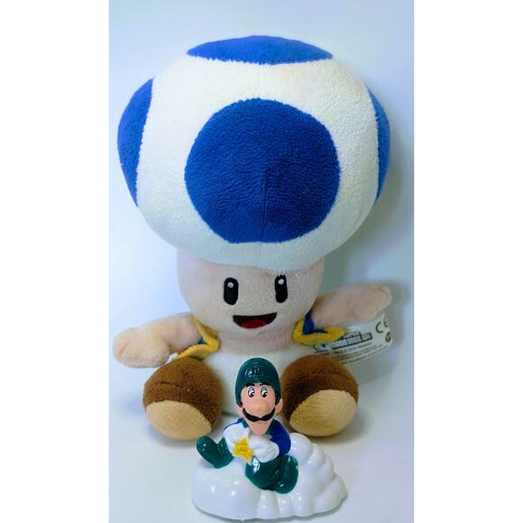 Official Super Mario Toad Blue Plush & 1989 Pull Back Dizzy Mover McDonalds Toy - Picture 1 of 9